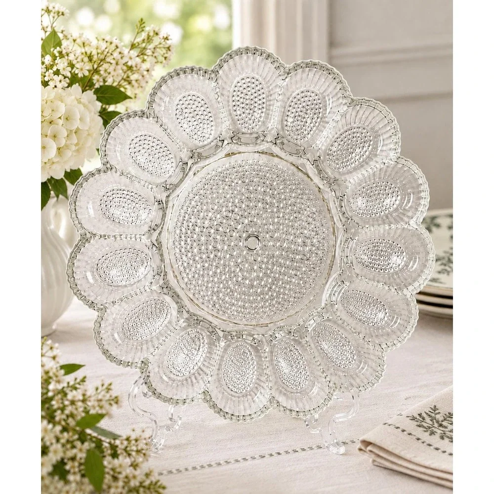 Vintage Indiana Glass Deviled Egg Plate Clear Hobnail Thousand Eyes 15 Egg 11